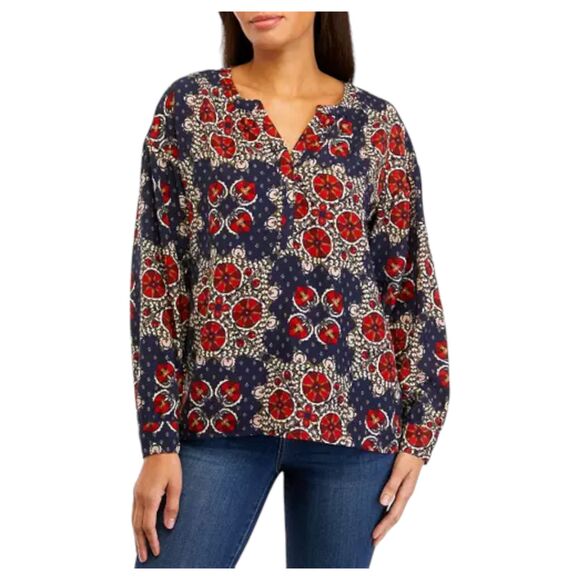 Wonderly Blue Abstract Pattern Placket Long Sleeve Blouse Size 1X - Picture 2 of 7